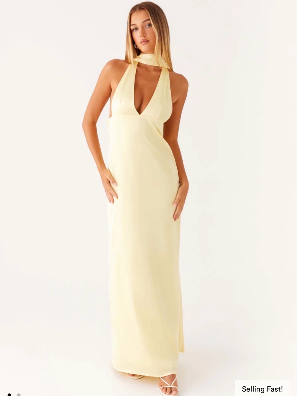 💛 Peppermayo Satin Halter Maxi Dress in YELLOW 💛 | Open Back Satin Gown | US 4